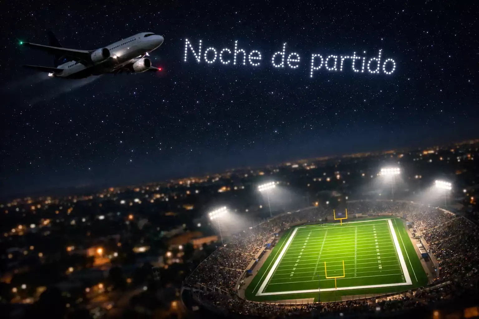 Avión sobrevolando un estadio de fútbol americano NFL de noche