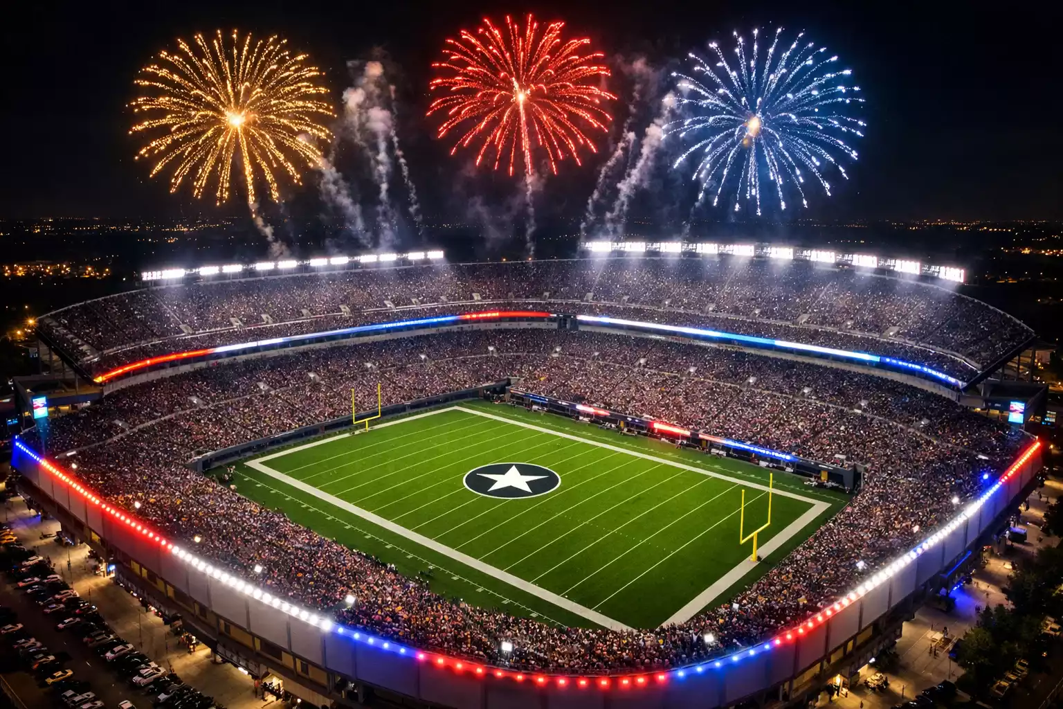 Estadio de fútbol americano NFL iluminado para la final del Super Bowl