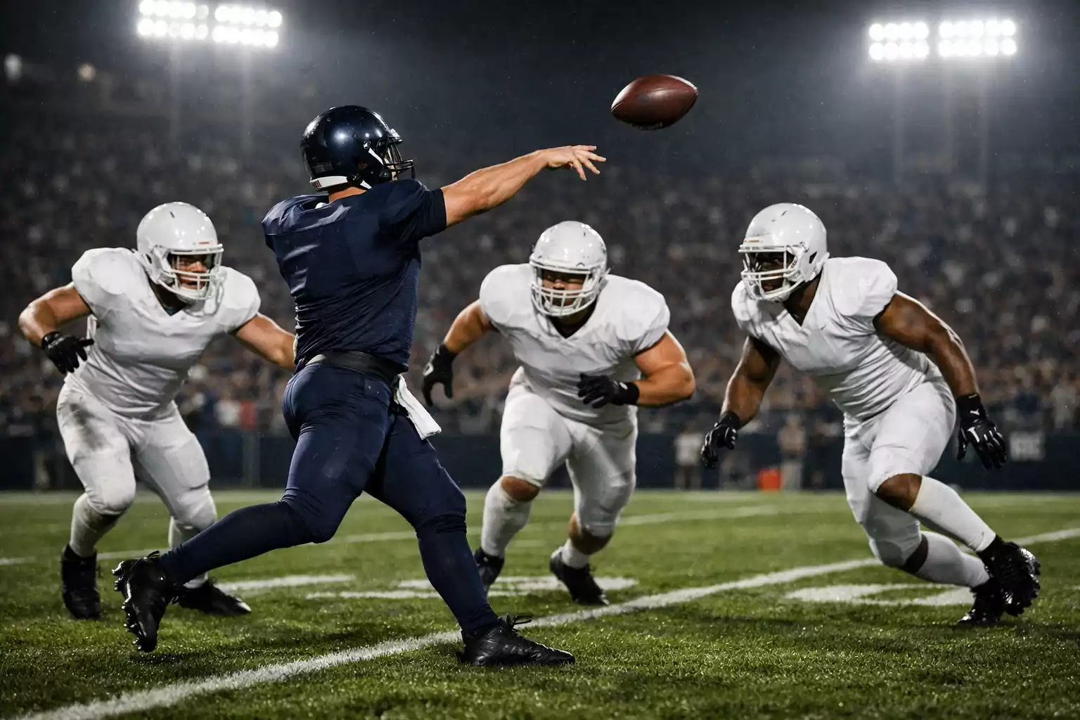 Jugadores de fútbol americano NFL en acción durante un partido nocturno