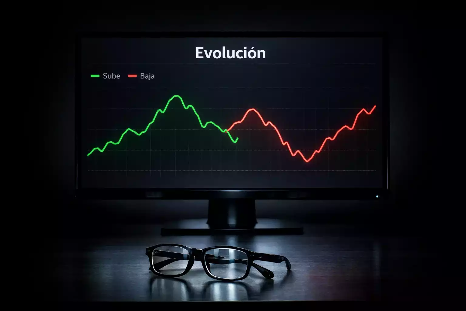 Gráfico de líneas ascendentes y descendentes en una pantalla oscura