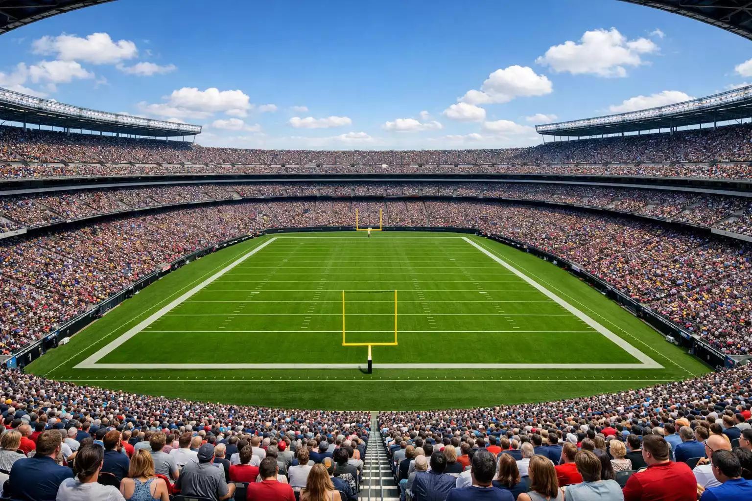 Vista panorámica de un estadio de fútbol americano NFL con dos equipos en el campo