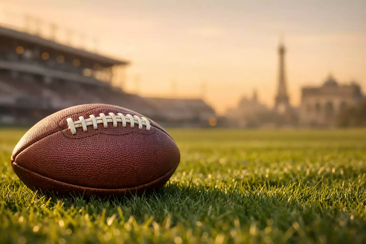 Estadio de fútbol americano NFL en una ciudad europea con monumentos al fondo
