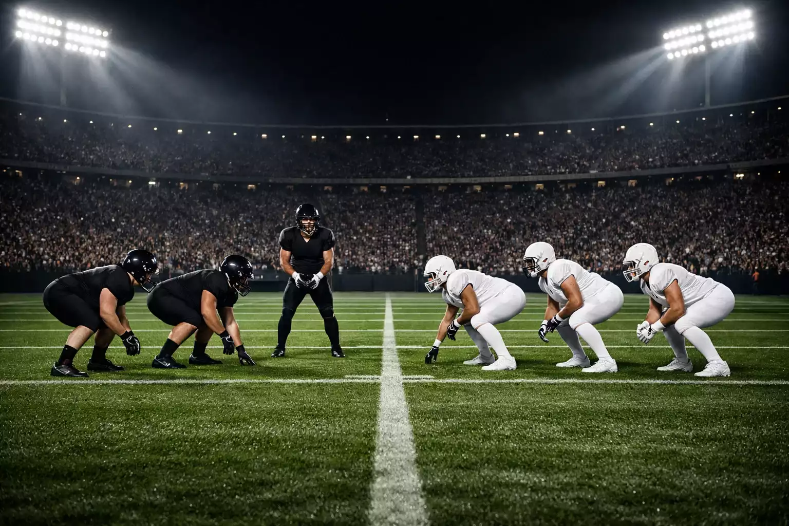 Estadio de fútbol americano NFL iluminado durante un partido nocturno