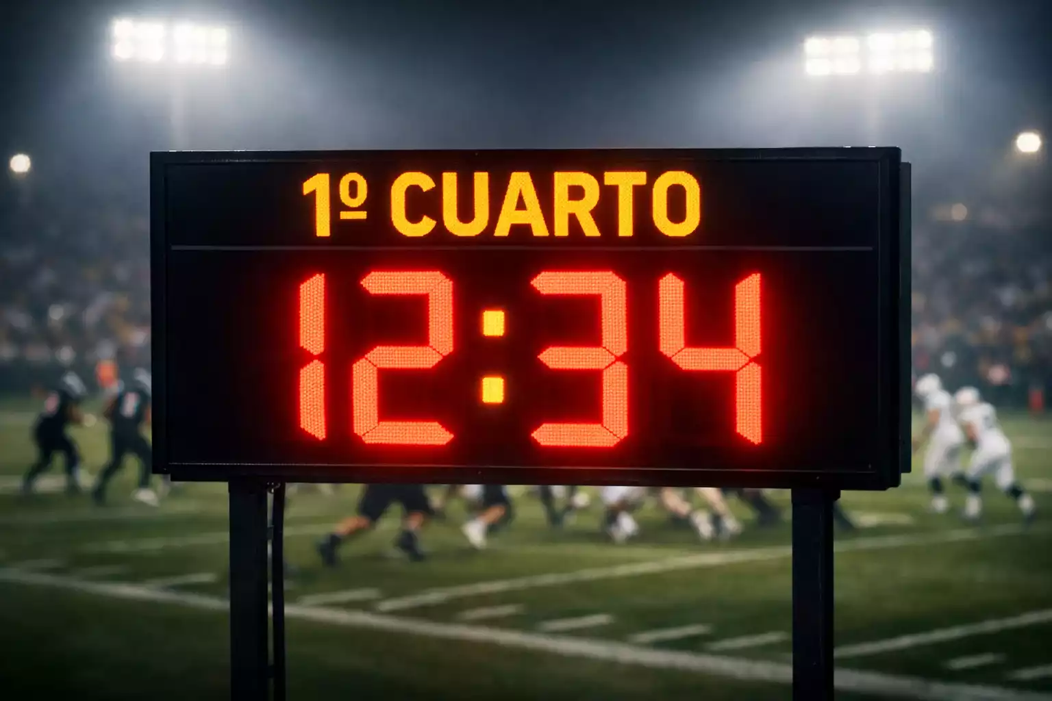 Reloj de estadio de fútbol americano NFL mostrando el primer cuarto
