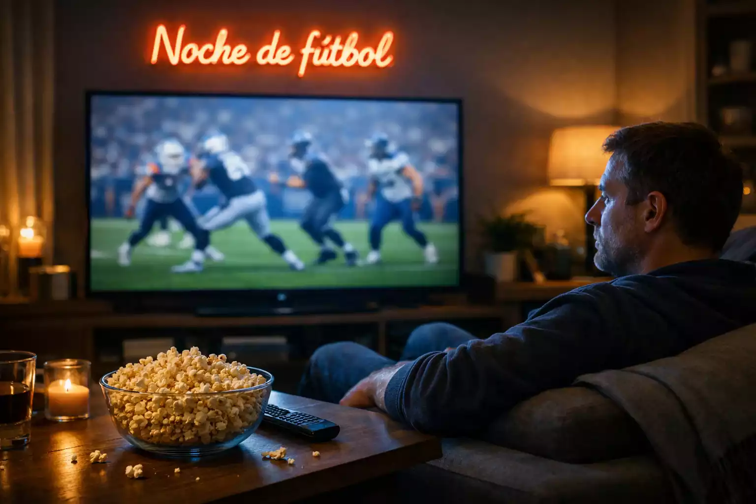 Persona viendo un partido de fútbol americano NFL en televisión desde el sofá