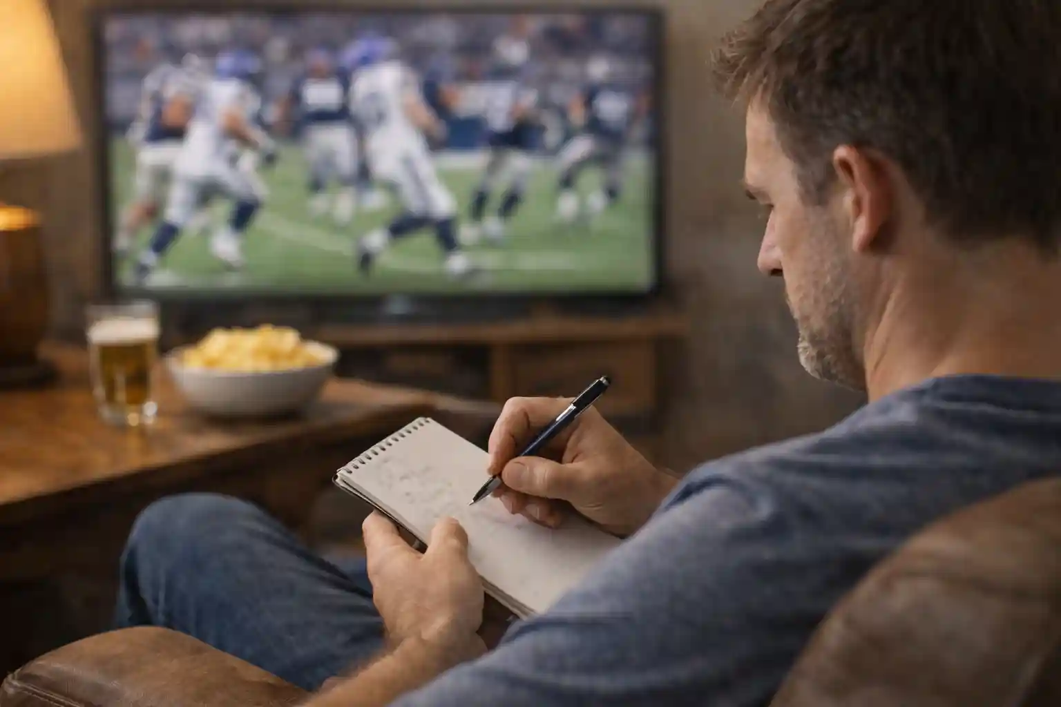 Aficionado tomando notas mientras ve un partido de fútbol americano en televisión