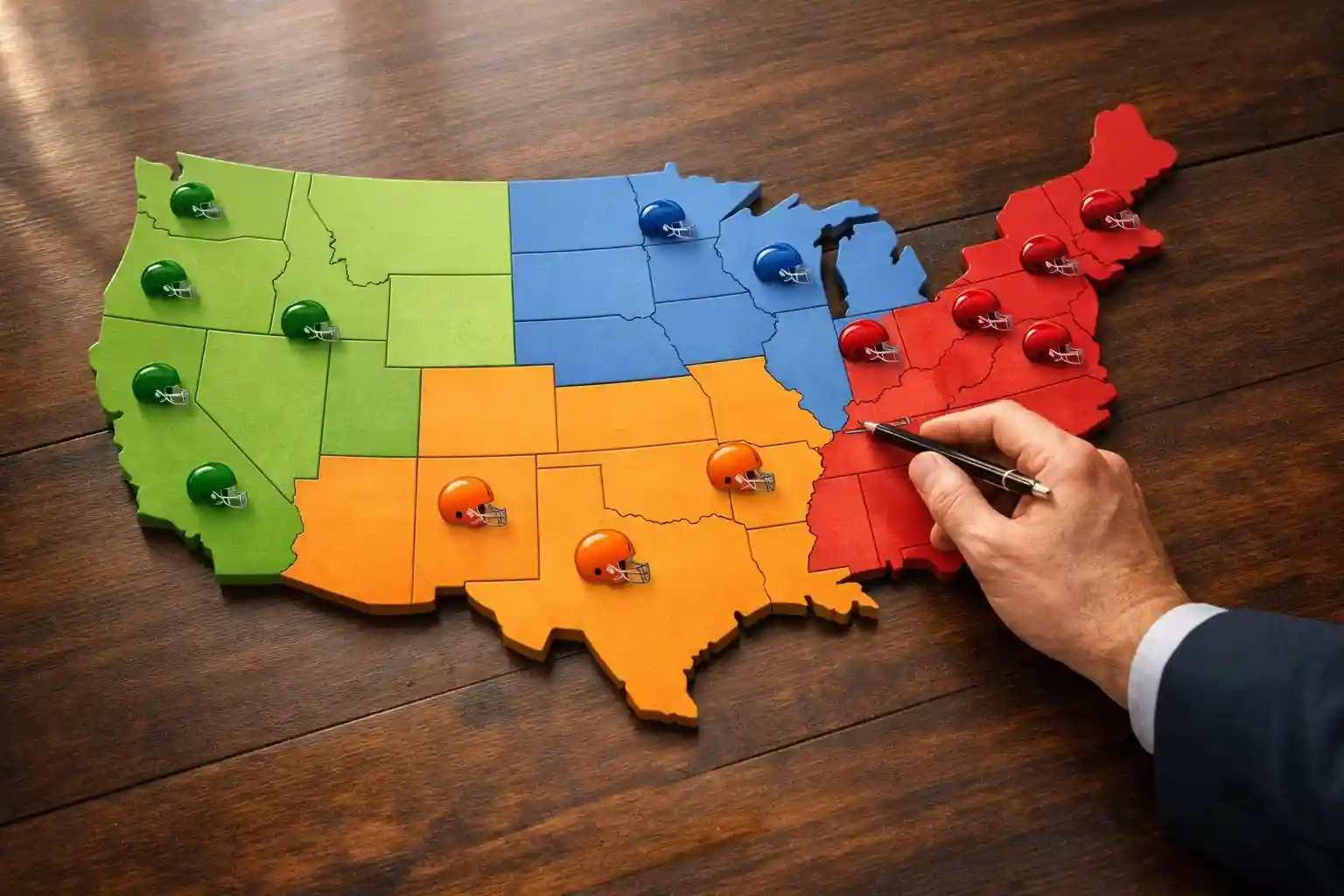 Mapa de Estados Unidos mostrando las divisiones y equipos de la NFL