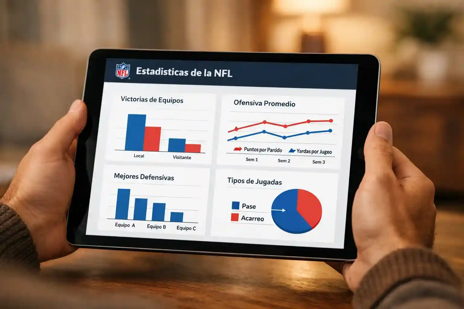 Aficionado analizando estadísticas de NFL en una tablet