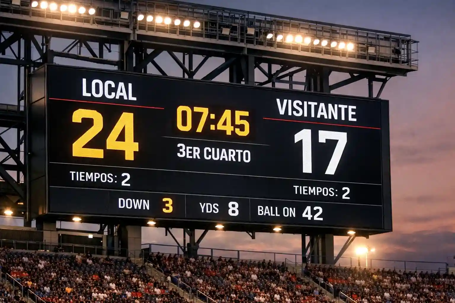 Anotador electrónico de estadio NFL mostrando el marcador