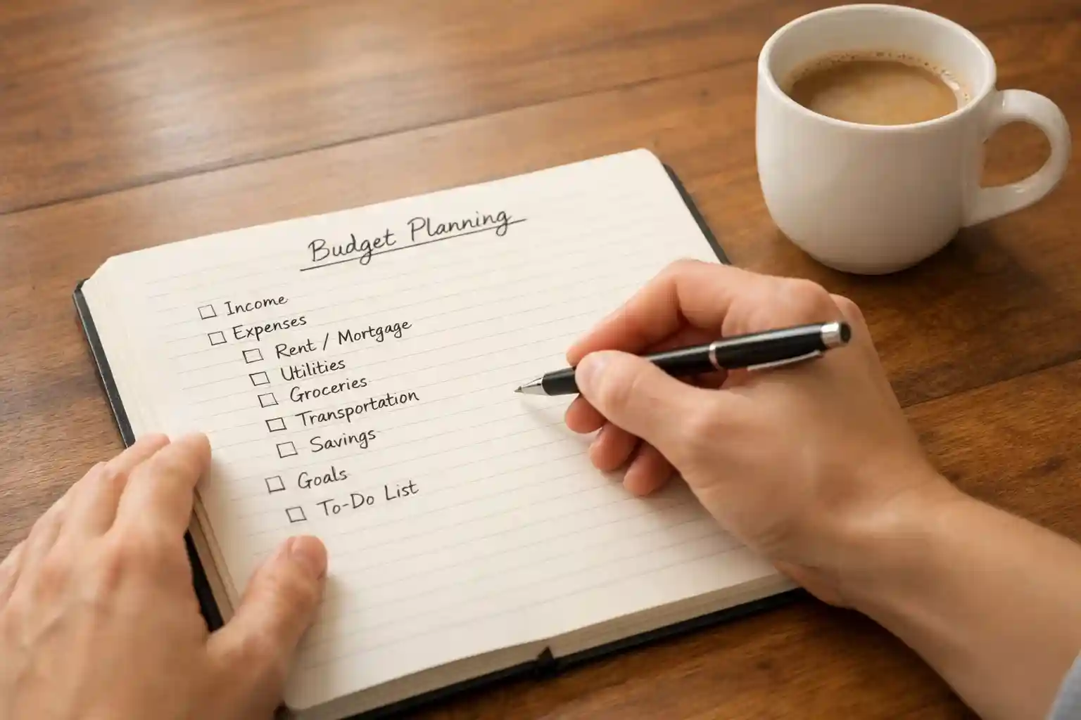 Persona organizando sus finanzas con bloc de notas y bolígrafo