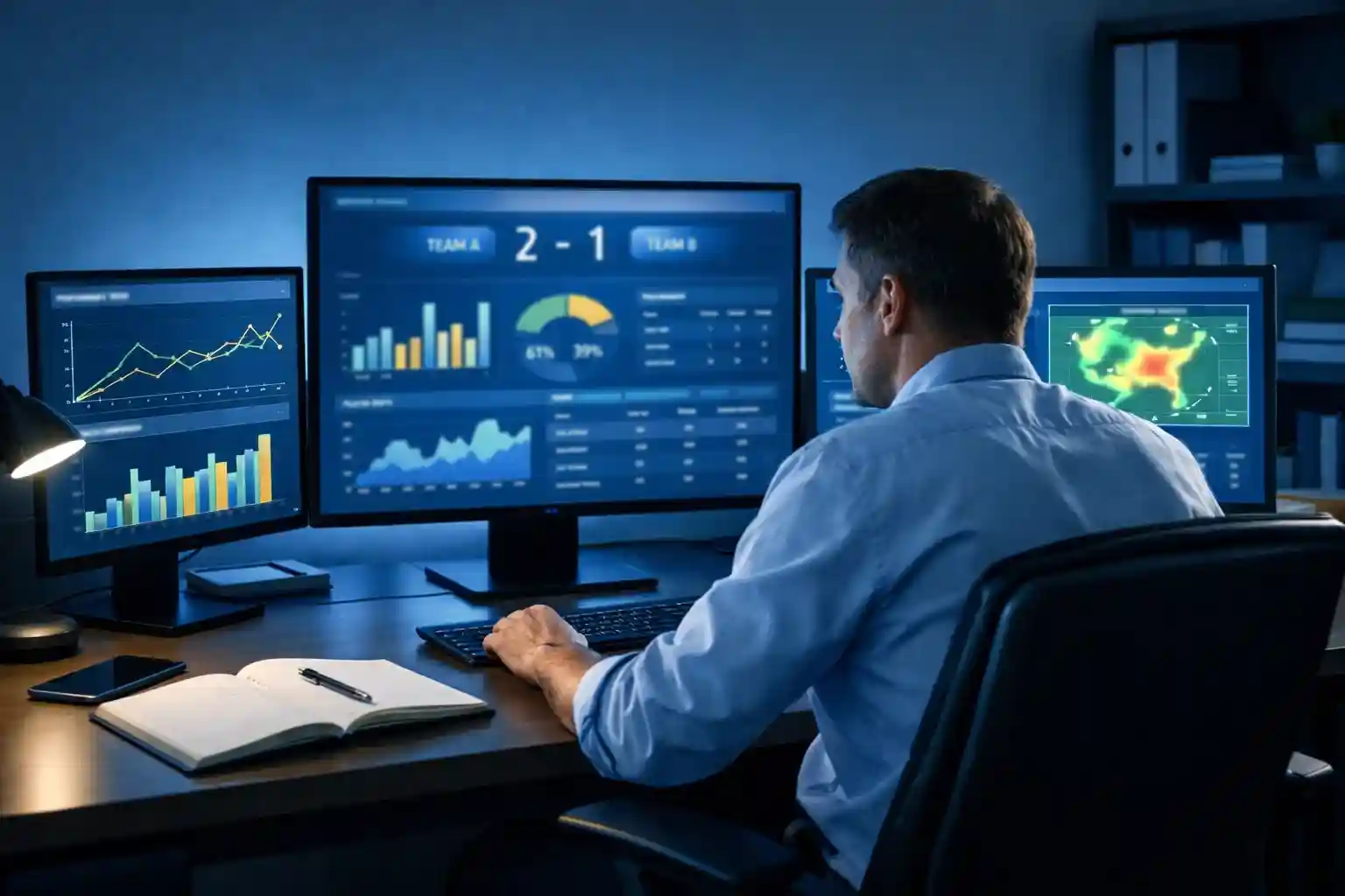 Analista deportivo estudiando datos en múltiples pantallas
