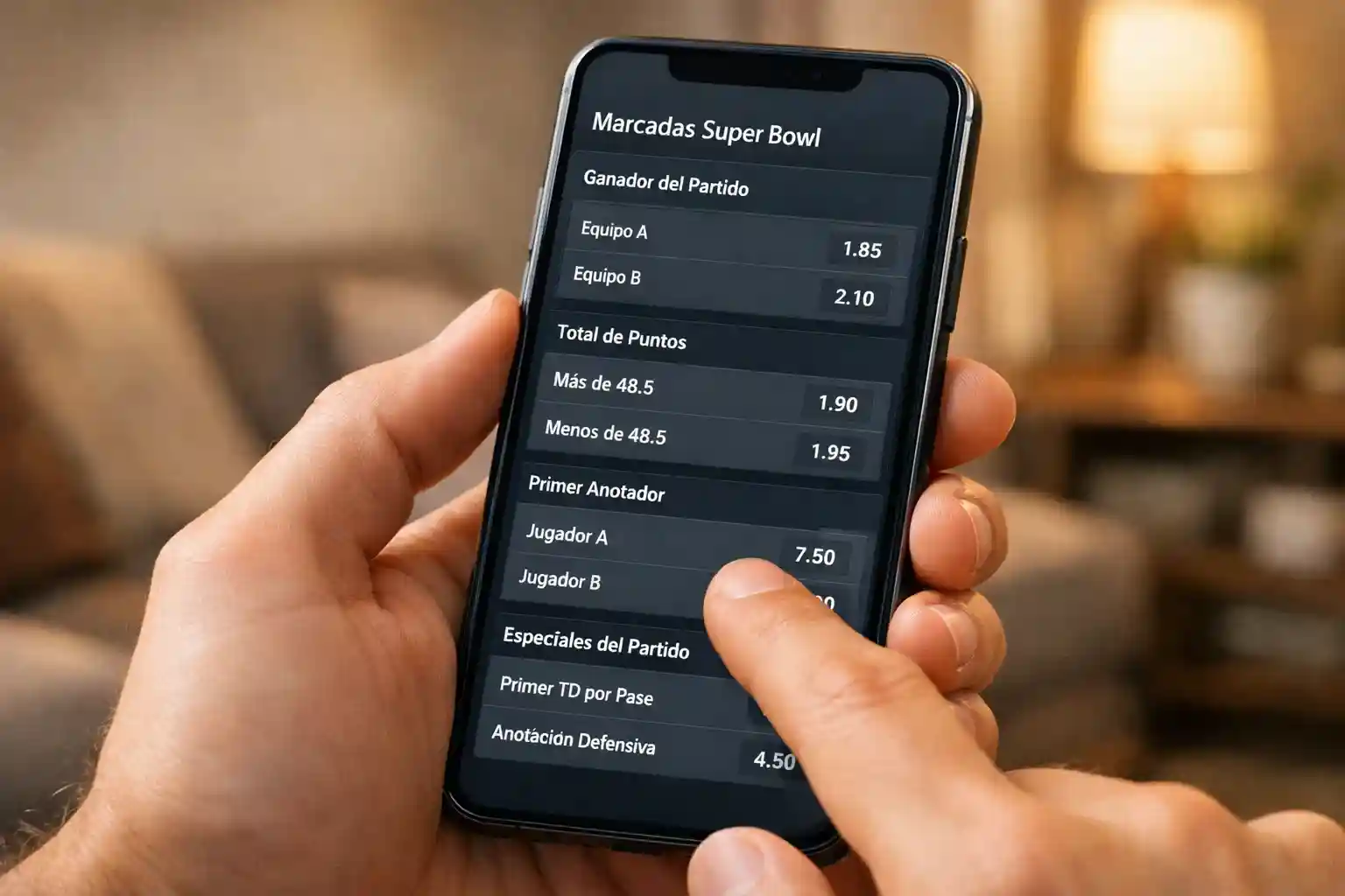 Aplicación móvil de apuestas con mercados del Super Bowl