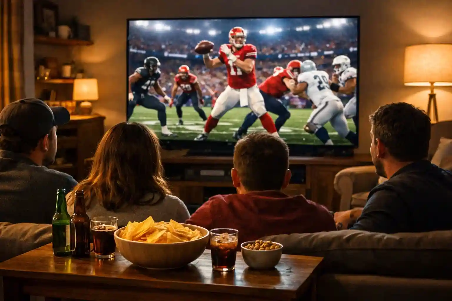 Aficionado viendo el Super Bowl con amigos en casa