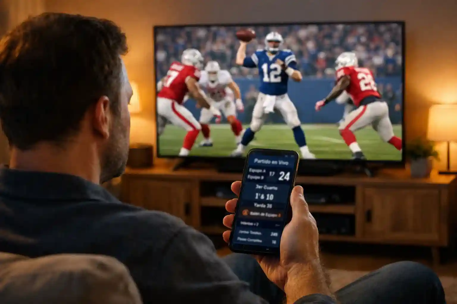 Fan siguiendo partido NFL en vivo desde su smartphone