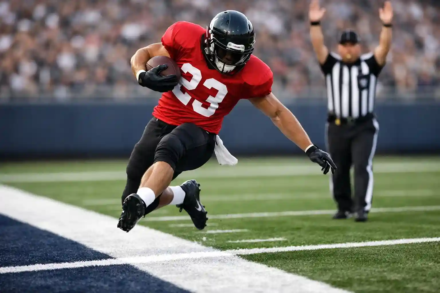 Jugador de NFL cruzando la l&iacute;nea de gol para touchdown