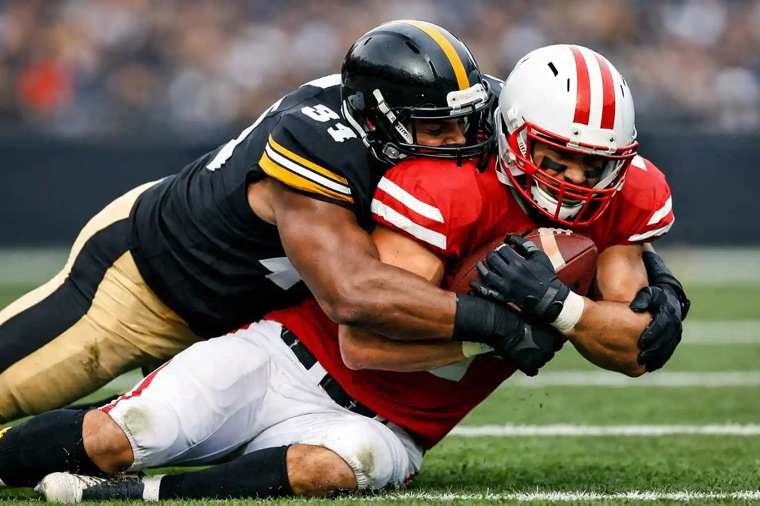 Defensa de NFL tackleando al corredor con el bal&oacute;n