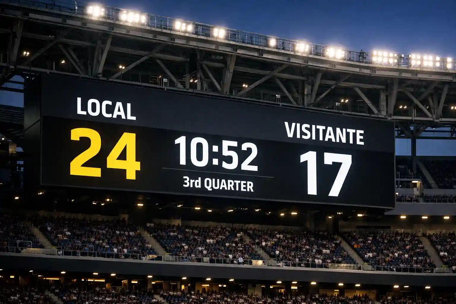 Marcador electr&oacute;nico de estadio NFL con puntuaci&oacute;n del partido