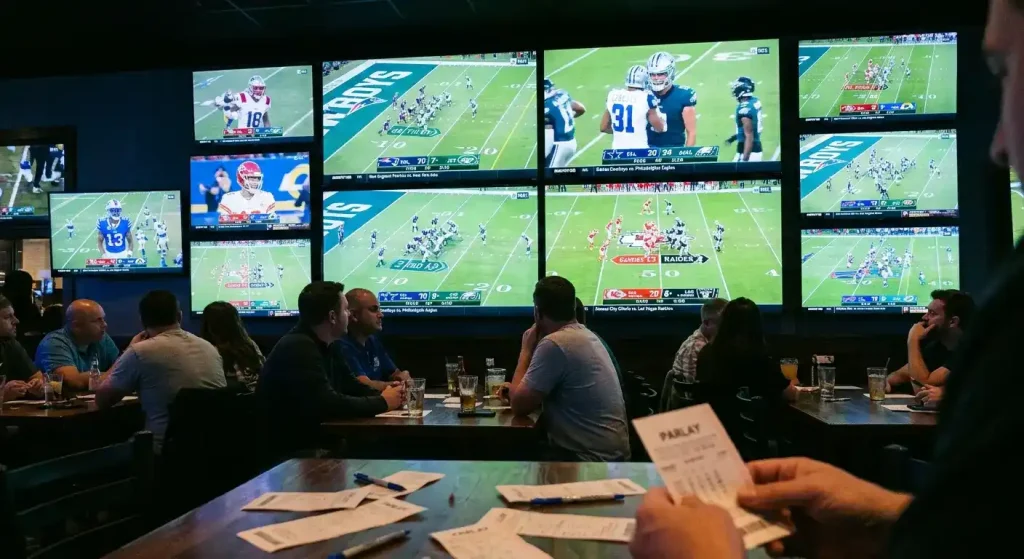 Varios partidos de fútbol americano NFL en múltiples pantallas