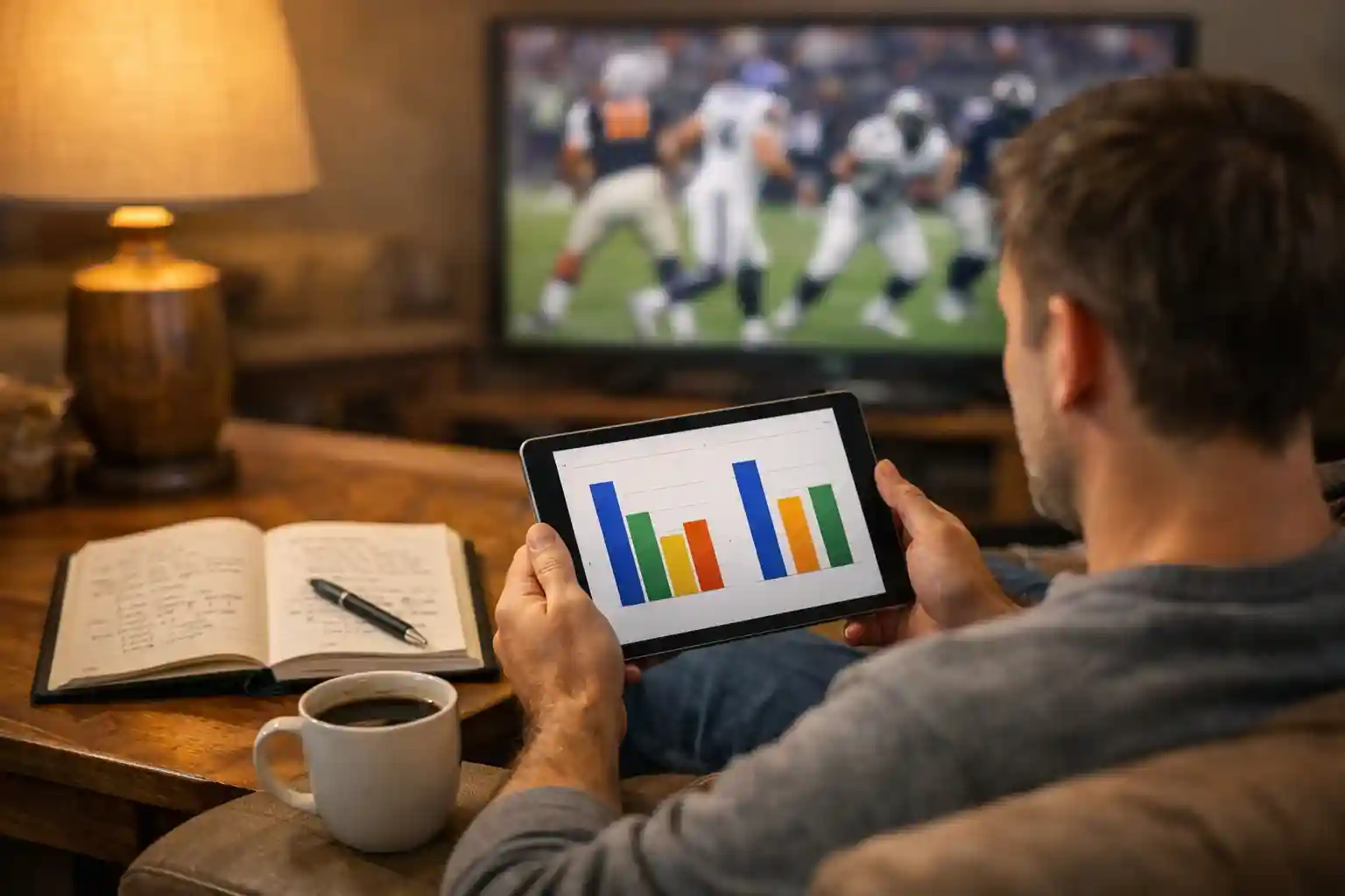 Persona analizando estadísticas de fútbol americano en una tablet con anotaciones
